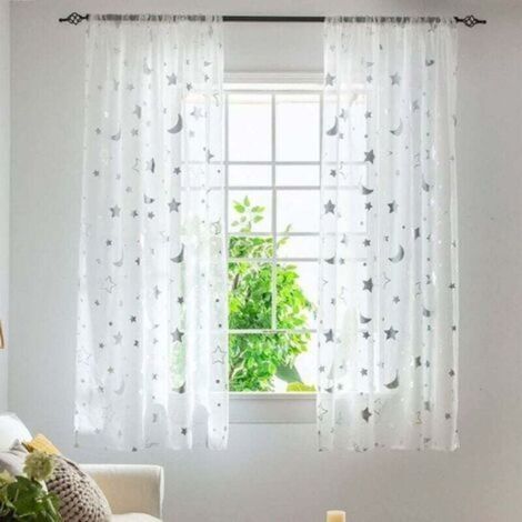 Rideaux enfants semi-transparents 1 m – 2 panneaux 1,3 m de large – Motif lune et étoiles – Tissu infroissable et léger (1/2)