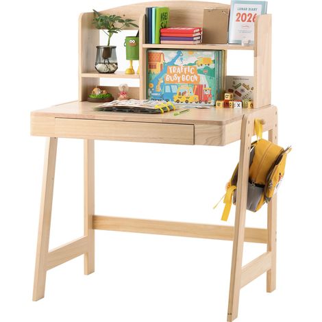 Scrivania per bambini regolabile in altezza in legno naturale con cassetto, ripiano e gancio (1/5)