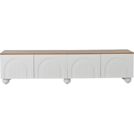 TV-Lowboard 180 x 40 x 45 cm mit 4 Türen und Metallfüßen, Weiß und Eichenoptik (1/5)