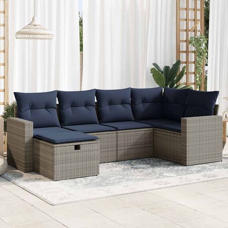 Salon de Jardin 6 Pièces Gris Résine Tressée avec Coussins Bleu Marine, Stockage sous Assise et Contenu Complet (1/5)