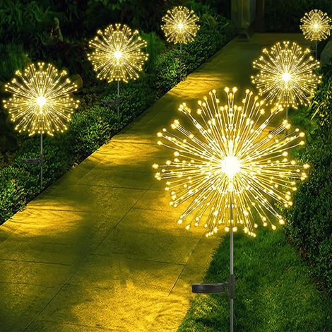Lot de 6 lampes solaires de jardin sur piquet (150 LED) — 8 modes d'éclairage — Lumière blanc chaud