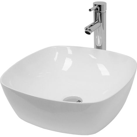 ECD Germany Lavabo per Bagno da Appoggio 405 x 140 mm in Ceramica Bianca incl. Piletta di Scarico per Lavandini senza Troppopieno Lavello Rotondo Sanitari per Bagno