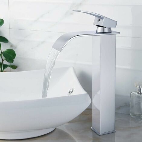 Washbasin mixer tap, single-lever washbasin mixer tap with waterfall spout, chrome-plated, with two 3/8" hoses, waterfall washbasin mixer tap with ceramic valve STOL