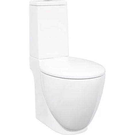 Toilettes en céramique blanche avec évacuation d'eau à l'arrière.