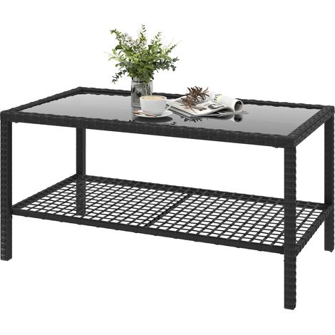 Zweistöckiger Couchtisch aus gehärtetem Glas, Stahl und Rattan, 92 x 50 x 45 cm, schwarz