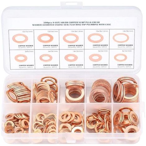 Cuivre Rondelles Metal, Joints Bague D'étanchéité, Rondelles Plates, Joint Torique avec Boîte pour L'étanchéité - 200 Pcs/M5 M6 M8 M10 M12 M14 (1/5)