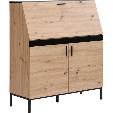 Vente-Unique – Bureau secrétaire 2 portes MDF naturel et noir – Plateau rabattable avec 4 niches et 2 placards – Hauteur 115 cm, Longueur 100 cm, Profondeur 40 cm