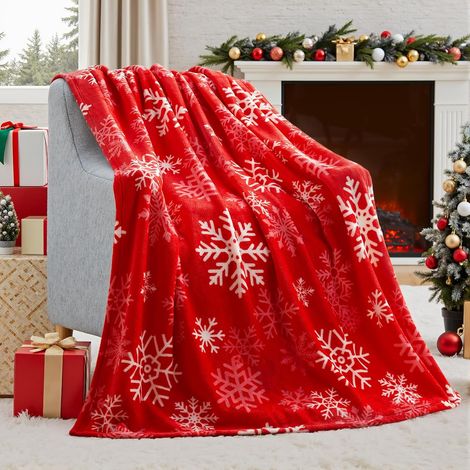 Couverture de Noël Flocon Neige Flanelle Douce Décoration Chaude et Shaggy Canapé Douillette 130x150cm Rouge (1/5)