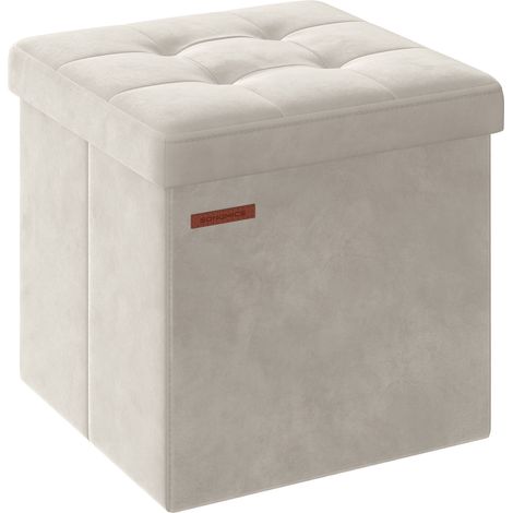 Banc de Rangement, Boîte Pliable en Velours, Repose-pieds avec Couvercle, 38 x 38 x 38 cm, Capacité de Charge 300 kg, pour Couloir, Salon, Chambre, Blanc Crème (1/5)