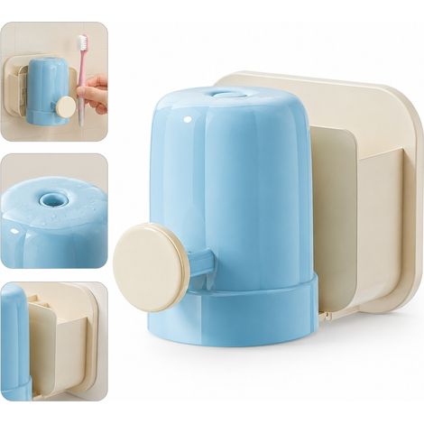 Porte-Brosses a Dents Mural avec Gobelet de Rincage et Egouttoir Sans Percage Plastique Bleu 12 x 8 x 10 cm (1/5)