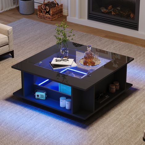 Mesa de centro cuadrada de aglomerado y vidrio 70x70x30 cm negra con LED y almacenaje (1/5)