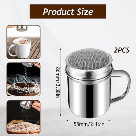 Puderzuckerstreuer mit feinem Sieb Kakaostreuer 2-teilig Puderzuckerstreuer mit 16 Cappuccino-Schablonen Pulverstreuer Barista-Zubehör Edelstahl 5 cm (1/4)