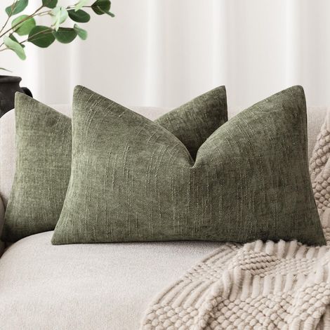Lot de 2 housses de coussin en chenille texturée, couleur unie neutre, style champêtre, pour canapé, fauteuil, chambre, salon, coussin lombaire, 30 x 50 cm, olive vert (1/5)
