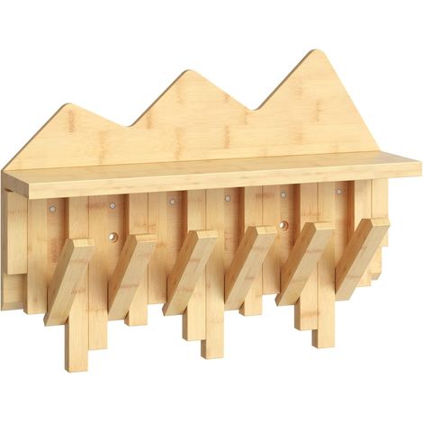 Portemanteau Mural Pliant en Bambou, 6 Patères, Étagère Suspendue avec 1 Plateau, Étagère de Rangement, pour Manteaux, Clés, Chapeaux, Entrée, Couloir, Salon, Chambre, Bambou (1/5)