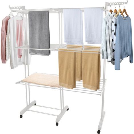 Étendoir à linge extensible et compact, 75-132x49x170cm, avec ailes repliables, perche télescopique et 6 roulettes (1/5)