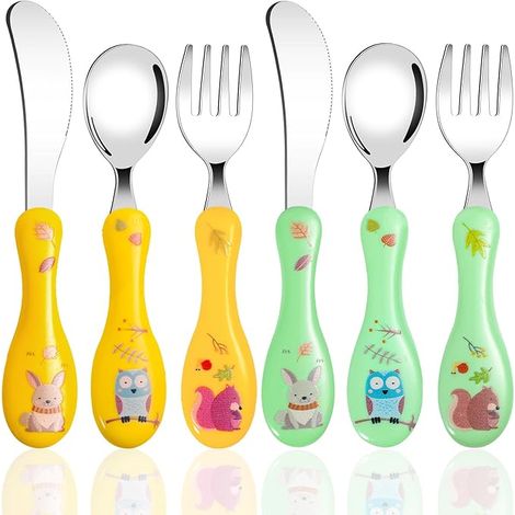 Couverts Enfant en INOX, Bebe avec Motif Mignon, Fourchettes, Cuillères, Couteaux, Poignée Ronde pour Garçons Filles (Jaune, Vert) (1/5)