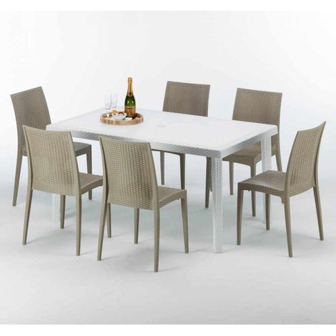 Tavolo Rettangolare Bianco 150x90 cm con 6 Sedie Colorate Bistrot Summerlife - Beige