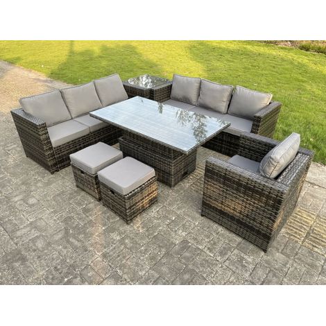 Fimous 9 Seater Outdoor Rattan Sofa Set Adjustable Rising Lifting Side Tables Chairs Footstool Dark Grey Mixed (1/4)