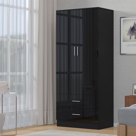 Reflect 2 Door 2 Drawer Combi Plain Wardrobe - Black Gloss & Black Oak - Hanging Rails, Drawers & Shelf