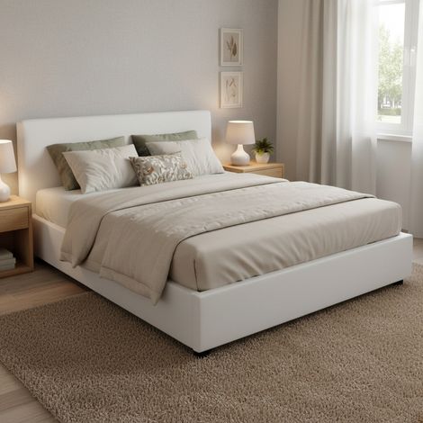Talamo Italia Cama matrimonial Berenice, Cama contenedor con revestimiento de tela, 100% Made in Italy, Apertura frontal, adecuado para colchón Cm 140x200, Blanco, con embalaje reforzado (1/5)