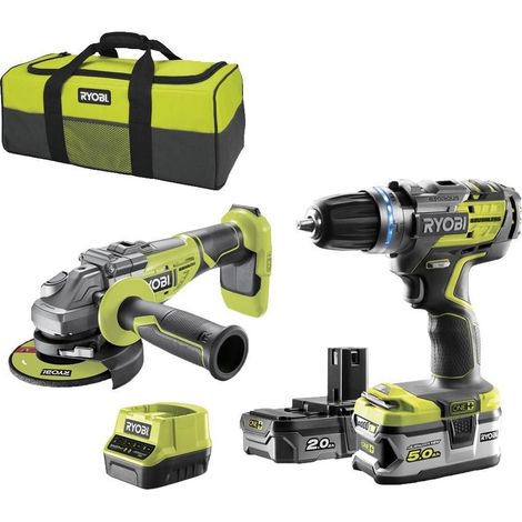 Pack RYOBI Brushless perceuse-visseuse à percussion 18V One+ - Meuleuse d'angle 125 mm 18V One+ - 2 batteries 1 chargeur rapide R18CK2BL-252S (1/7)
