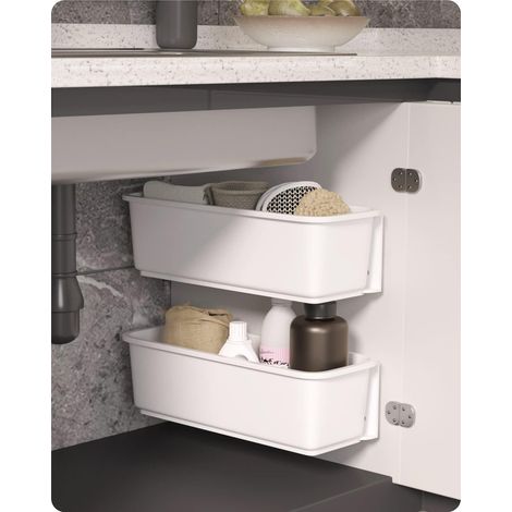 2 organisateurs de panier d'armoire de cuisine,Glissez les tiroirs de rangement en plastique,sous l'évier,organisateur du meuble, tiroir coulissant pour cuisine,salle de bain Undersink(blanc) (1/5)