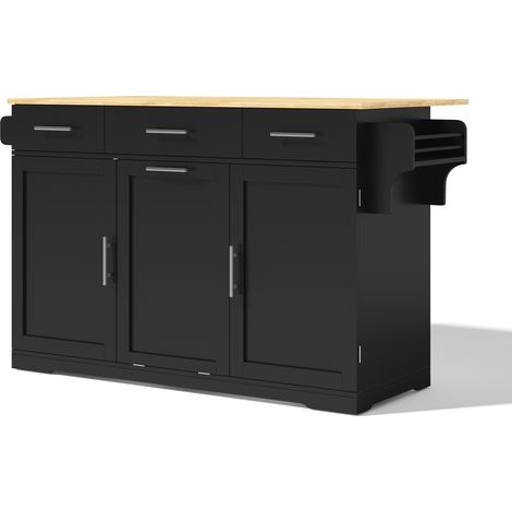 Isola cucina mobile con piano ribaltabile, 3 cassetti, 2 vani porta, MDF, 136 x 75 x 92 cm