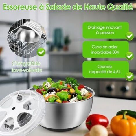 Essoreuse à Salade 3,5L en Acier Inoxydable Grande, Panier a Salade avec Couvercle, Base Antidérapante, Salad Spinner pour Laver et égoutter Les Salades, égoutter Les Pâtes, etc.