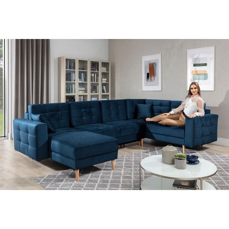 Canapé panoramique convertible - ASMA VELOURS - en tissu de qualité 5 places, bleu foncé, méridienne à gauche et angle à droite (vu de face)