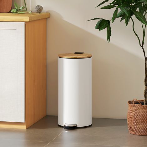 30-Liter-Küchenmülleimer mit Pedal, Soft-Close-Bambusdeckel und herausnehmbarem Eimer für Schlafzimmer, Büro, Wohnzimmer, Weiß