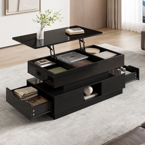 Couchtisch mit höhenverstellbarer Tischplatte – Design-Wohnzimmertisch in Schwarz Hochglanz mit LED und integrierter Steckdose – großer Stauraum mit Klappfach und Schubladen – MDF – 90 x 48 x 42,5 cm