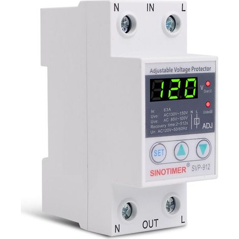 230-V-Spannungsregler, Spannungsschutzrelais, 230-V-Unterspannungs- und Überspannungsschutz, einstellbares Wiederherstellungsschutzrelais, Voltmeter SVP-912 (63 A) (1/4)