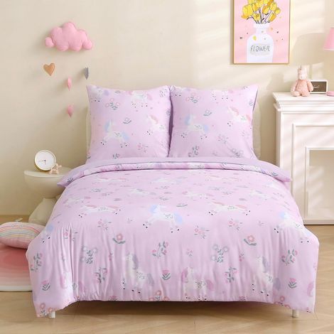Housse Couette Fille Licorne Fleurs Violette 140x200cm 3PCS (1/5)
