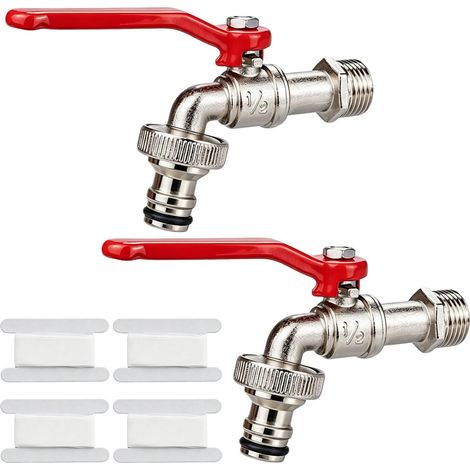 Lot de 2 robinets de jardin à boisseau sphérique de 1,27 cm avec 2 rouleaux de ruban d'étanchéité et raccords de tuyau, valve de sortie antirouille pour tuyau d'arrosage, tonneau de pluie (1/5)