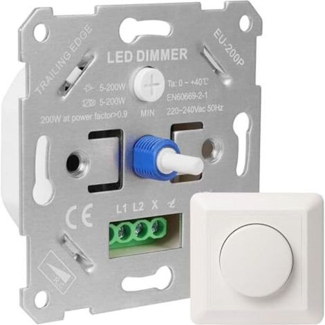 Interrupteur variateur LED 230 V, compatible avec les ampoules LED/halogènes 5-200 W, encastrable, avec plaque de recouvrement blanche et sans fixations. (1/5)