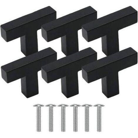 6 Poignée Meuble Acier Inoxydable, Bouton de Porte en T, Poignée Meuble 1 Trou Boutons de Tiroirs Noir Boutons Carrés avec Vis pour Tiroirs Armoires Placard Commode (1/4)