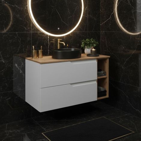 Meuble de salle de bain suspendu 100 cm, blanc et brun, plan de toilette, 2 tiroirs et étagère latérale, sans vasque – MODERN (1/5)