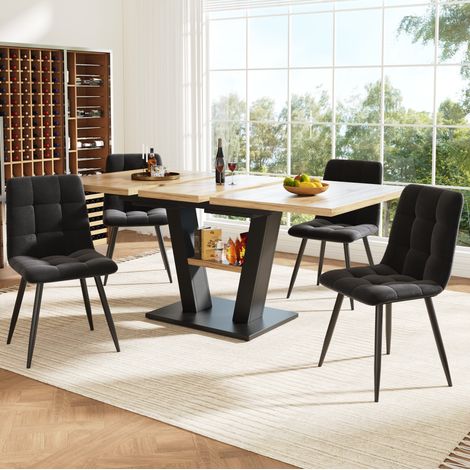Set tavolo da pranzo allungabile 118x70x75 cm con 4 sedie, piano in MDF, nero e naturale (1/5)