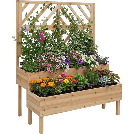 Relaxdays Jardinière avec treillis, H x L x P : 135 x 109 x 62 cm, bois, 2 bacs & brise-vue, surélevée, coloris naturel