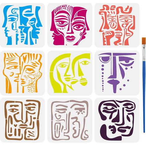 9 Pochoirs de Peinture Visage Abstrait Géométrique avec Pinceau 20x20cm - Pochoirs de Dessin de Visages Art Abstrait pour Décoration DIY sur Bois, Mur, Tissu, Meuble (1/5)