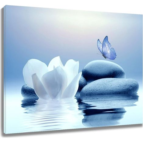 Décor mural toile Zen pierre, fleur blanche et papillon bleu sur lac, art encadré pour salon chambre salle de bain, décoration moderne spiritualité yoga spa, tableau mural 16x12 pouces (1/5)