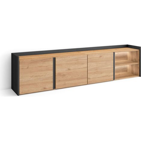 Skraut Home - Mueble TV, Televisión, Muebles de salón, almacenaje, 207x35x50cm, Para TV hasta 80", LED, Estilo Moderno, Roble y negro (1/5)