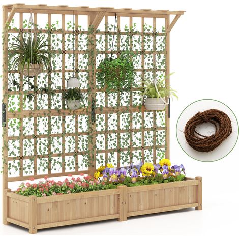 Jardinière avec 2 Treillis 2 Bacs Toit Suspendu en Bois, Lit de Jardin Surélevé pour Plante Grimpante, Naturel (180 x 48 x 183 cm) (1/5)