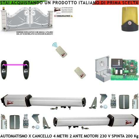 Apricancello 4 Metri 2 Ante Battenti da 2 MT Kit Base 2 Motori Elettromeccanici 230 V Corsa 300mm Spinta 2 Q.li Staffe 2 Radiocomandi Coppia Fotocellule Faro Movimenti Chiave Sblocco Cartello Monitore (1/5)
