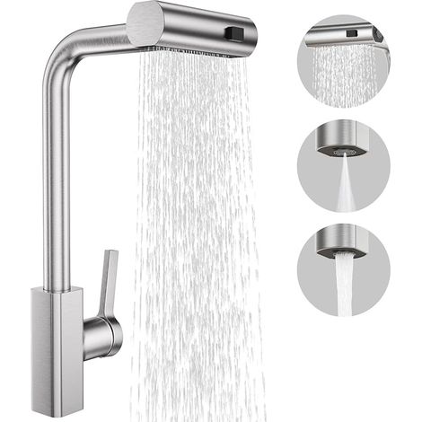 Robinet de Cuisine Professionnel avec Douchette Rétractable à 3 Modes, Mitigeur Monocommande en Acier Inoxydable, pour Éviers à 1 Trous, Cuisine, Bar, Camping-Car, Finition Nickel Brossé