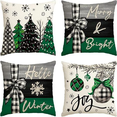 Housses de coussin d’extérieur vertes aux arbres de Noël, pour les fêtes : Joyeux Noël, Lot de 4 housses de coussin de 18 x 18 pouces, décoration pour canapé. (1/4)