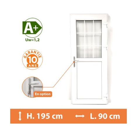 Direct Fenêtres – Porte de service PVC 1/2 vitrée – Double vitrage clair – Isolation thermique A – H.195 x l.90 cm – Seuil extra plat PMR (1/5)