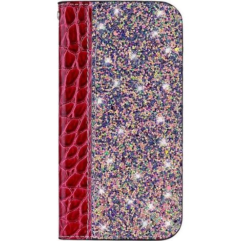Étui portefeuille style livre pour Samsung Galaxy M20 (Power) - Motif crocodile et paillettes - Rouge - Coque de protection (1/5)
