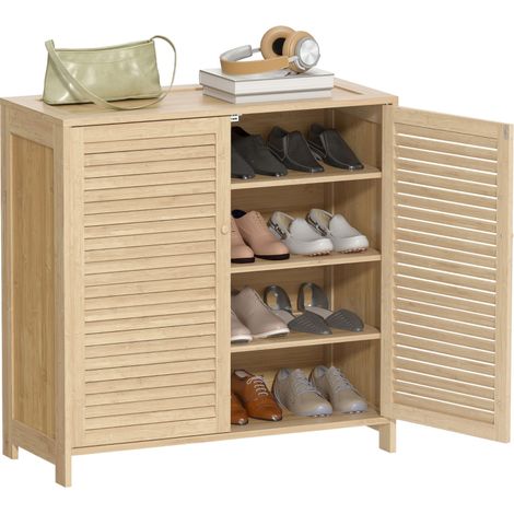 Armoire à Chaussures en Bambou avec Portes Persiennes Capacité 14 Paires Étagères Ajustables Finition Naturelle (1/5)