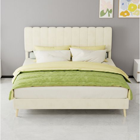 Lit 160x200 cm beige avec tête de lit capitonnée, tissu et métal, sans matelas MEUBLIV (1/5)